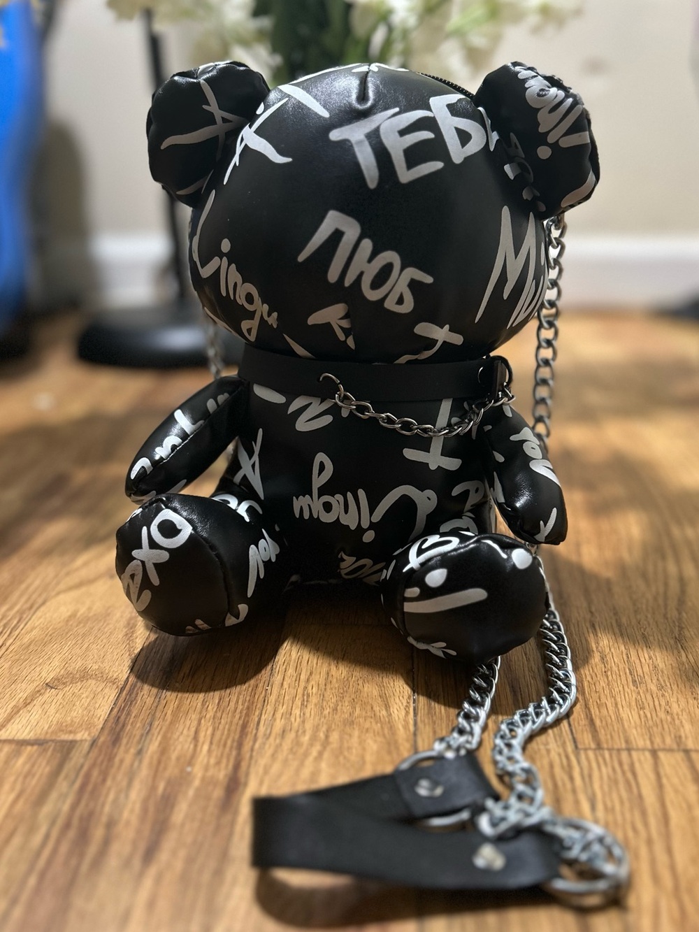 Black Graffiti Bear Crossbody Bag with Chain Strap